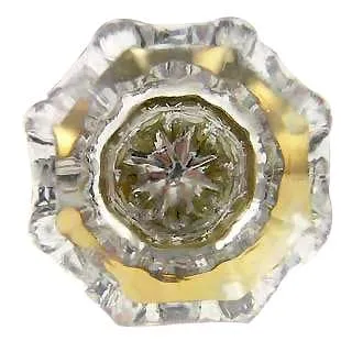 1 3/8 Inch Crystal Octagon Old Town Cabinet Knob (Polished Brass Base)
