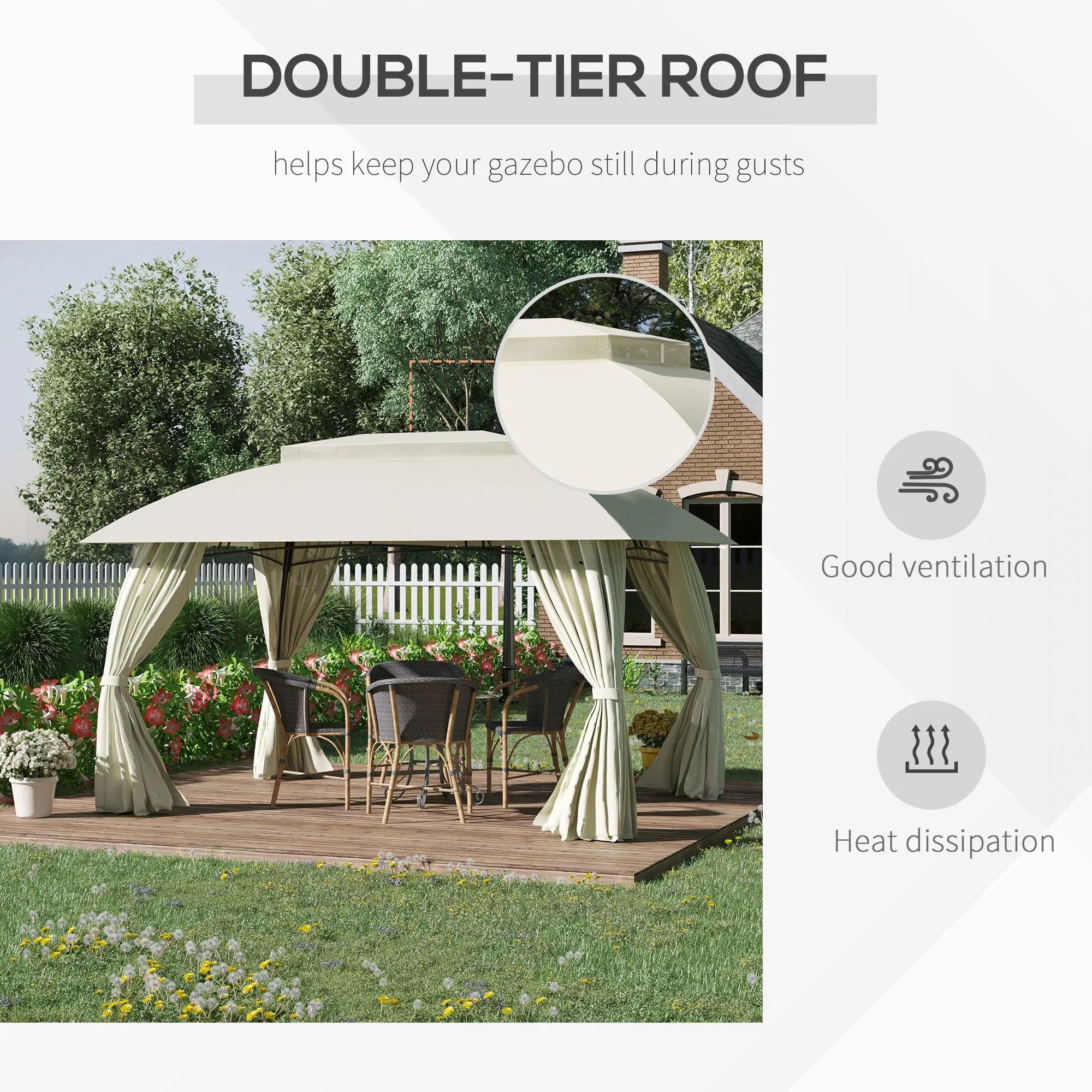 10' x 13' Patio Gazebo Canopy, Double Vented Roof, Steel Frame, Curtain Sidewalls, Beige