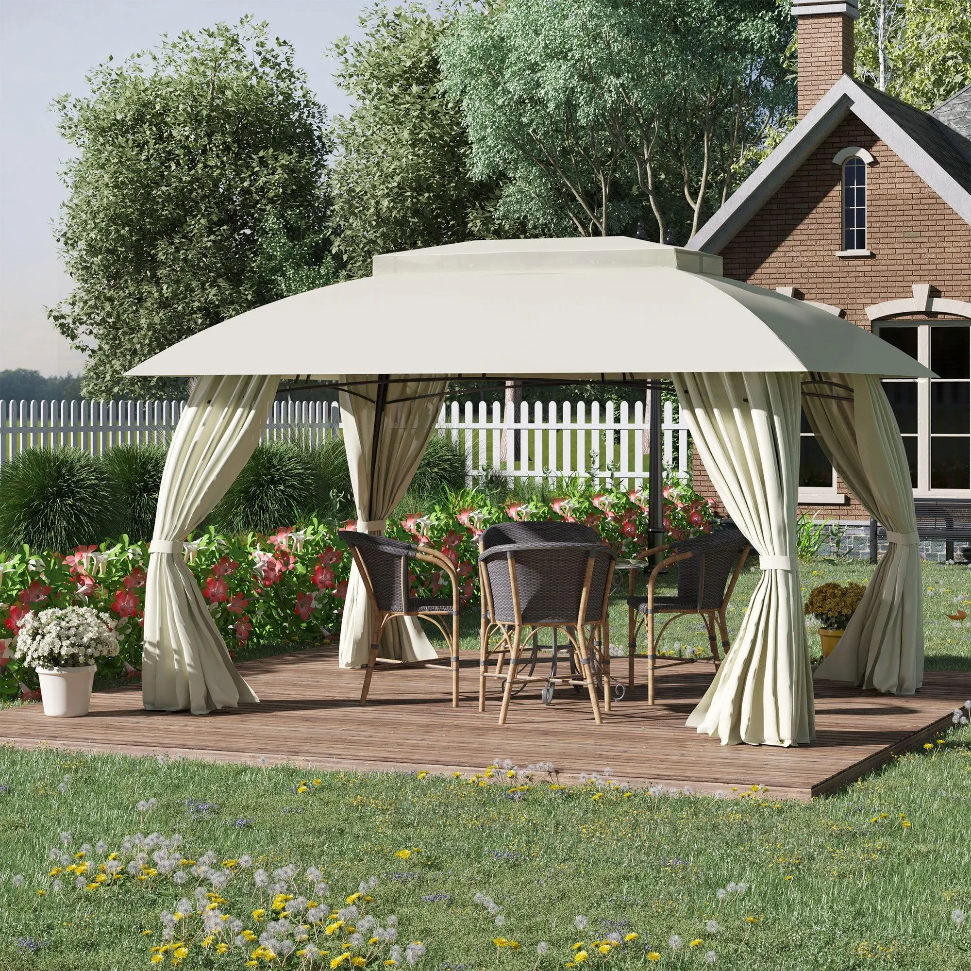 10' x 13' Patio Gazebo Canopy, Double Vented Roof, Steel Frame, Curtain Sidewalls, Beige