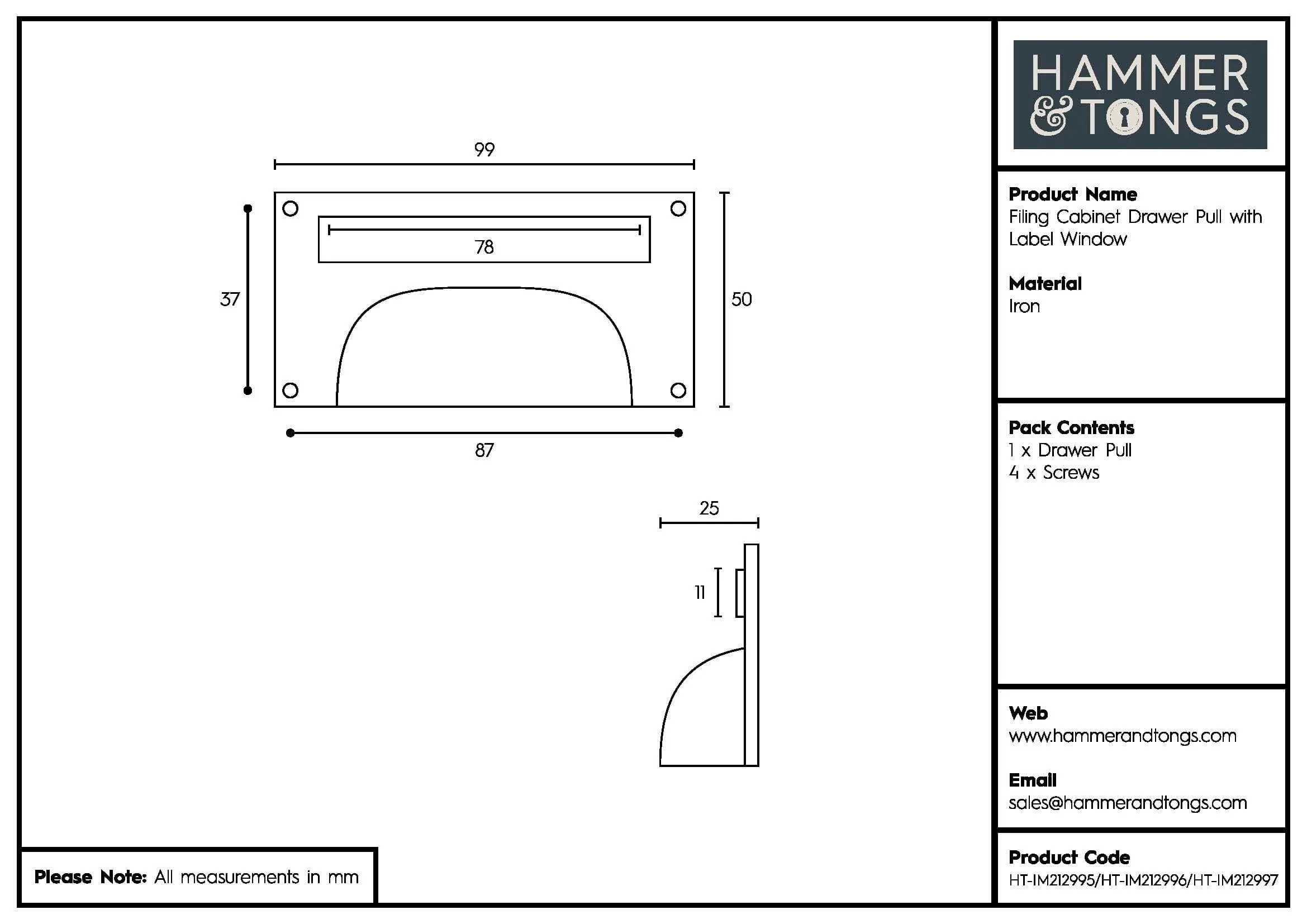 100mm x 50mm Filing Cabinet Cup Handle with Card Frame - By Hammer & Tongs