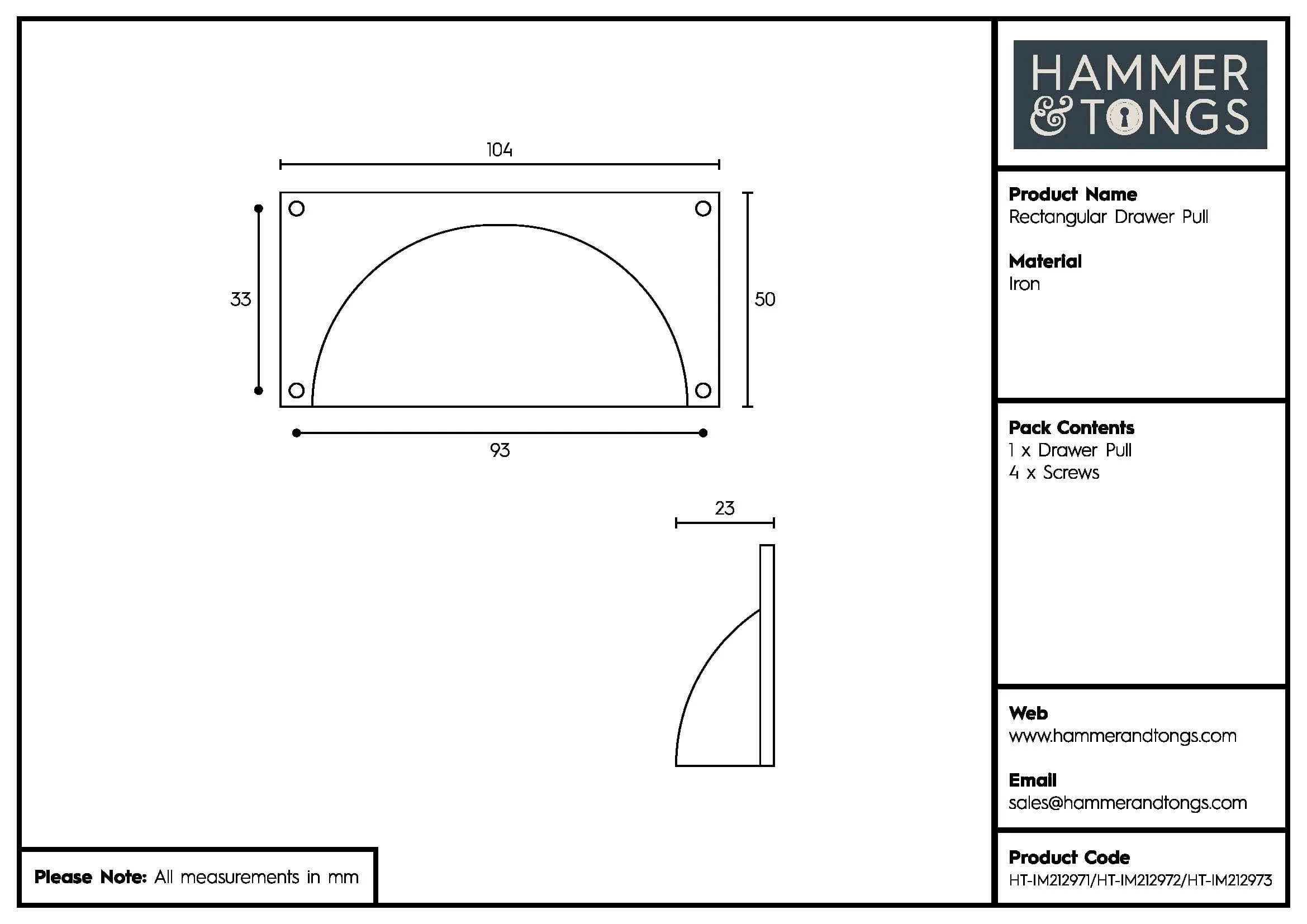 105mm x 50mm Rectangular Cabinet Cup Handle - By Hammer & Tongs