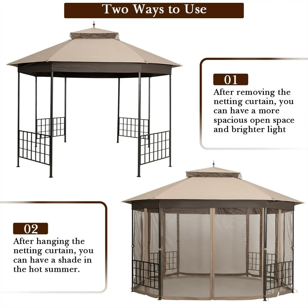10x12 ft. Octagonal Patio Gazebo - Brown