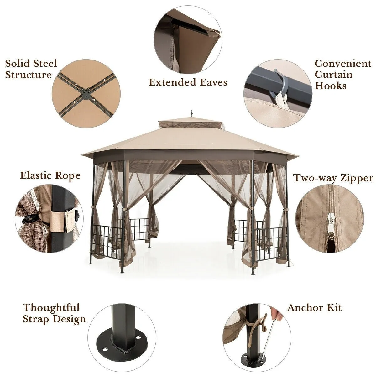 10x12 ft. Octagonal Patio Gazebo - Brown