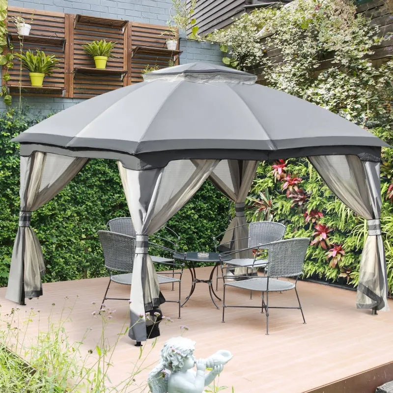 12' x 10' 2-Tier Outdoor Gazebo with Zippered Mesh Sidewalls - Gray