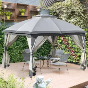 12' x 10' 2-Tier Outdoor Gazebo with Zippered Mesh Sidewalls - Gray