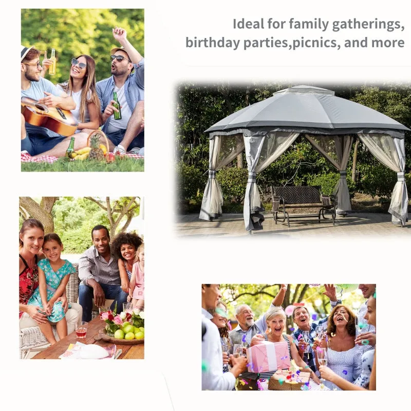 12' x 10' 2-Tier Outdoor Gazebo with Zippered Mesh Sidewalls - Gray