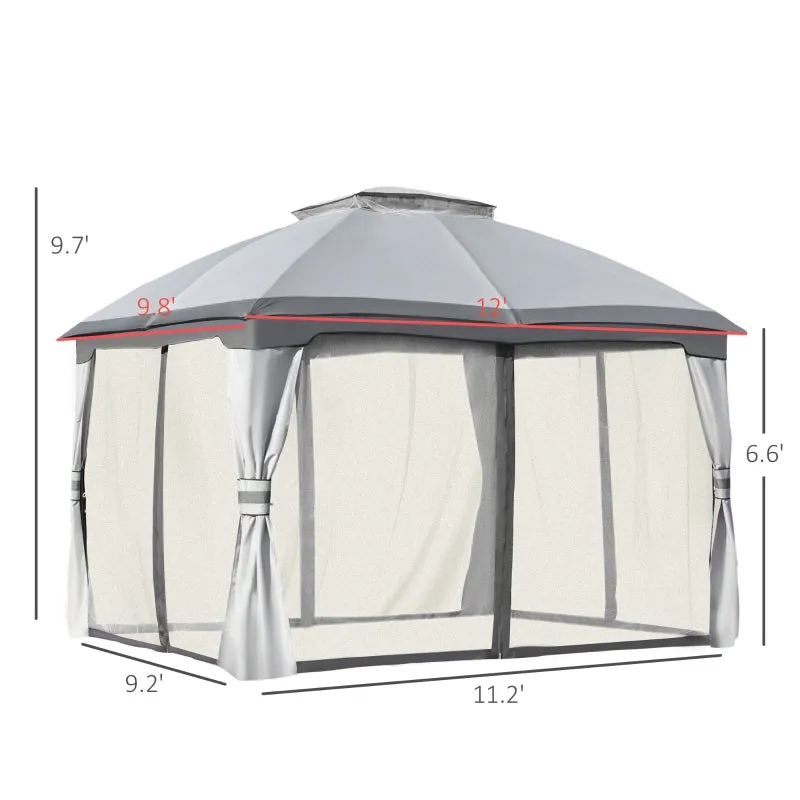 12' x 10' 2-Tier Outdoor Gazebo with Zippered Mesh Sidewalls - Gray