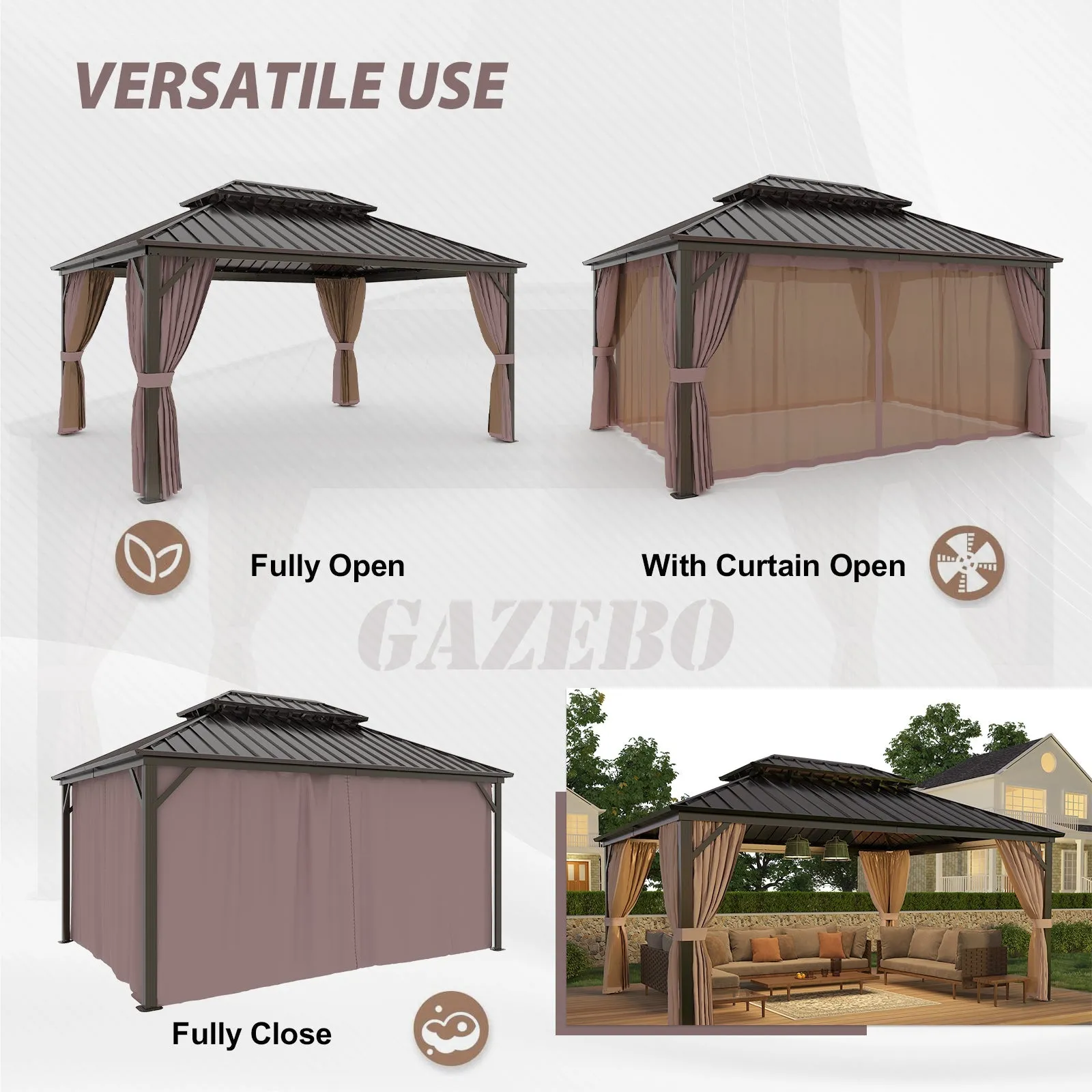 12x16 Hardtop Gazebo, Galvanized Steel Double Roof with Aluminum Frame