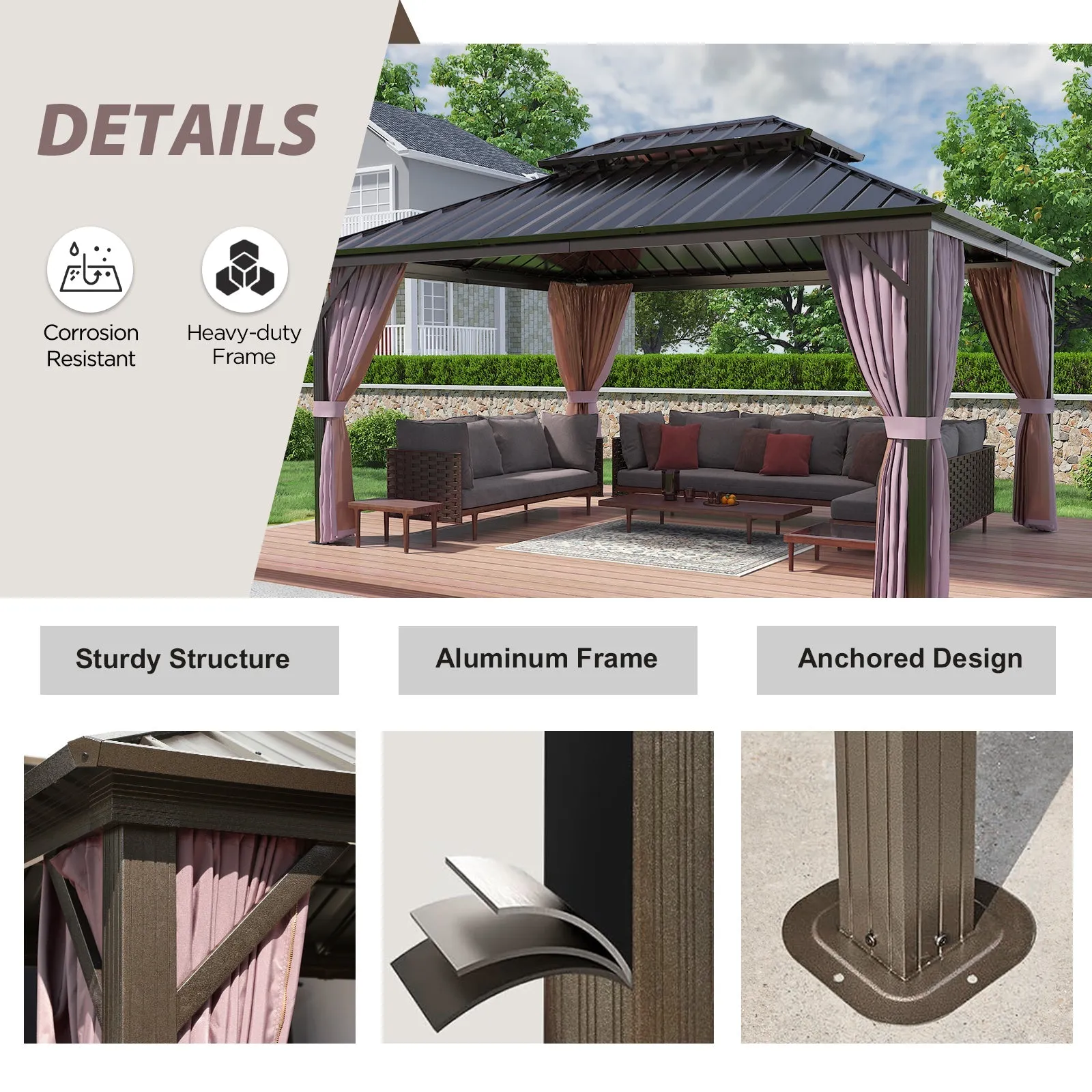 12x16 Hardtop Gazebo, Galvanized Steel Double Roof with Aluminum Frame