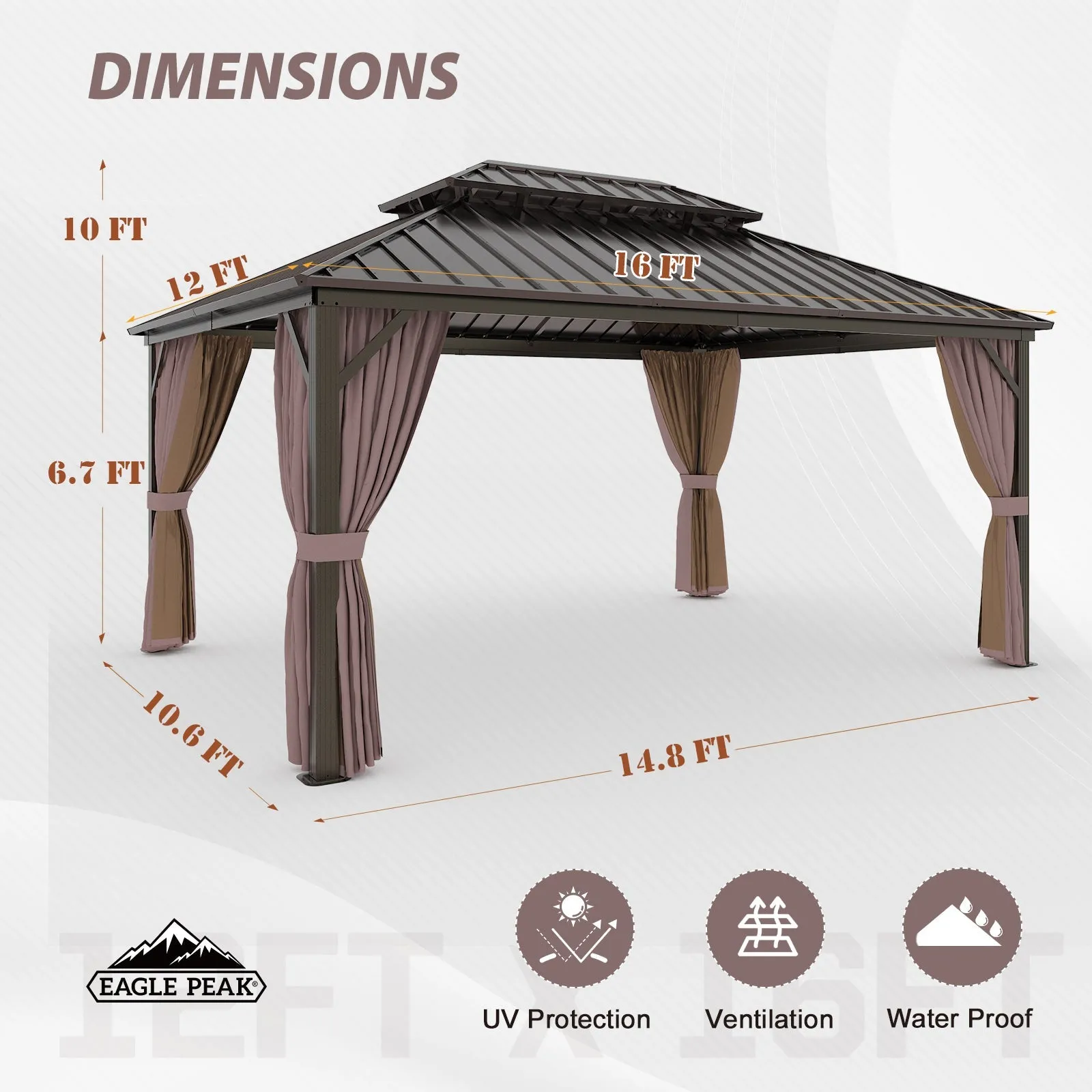 12x16 Hardtop Gazebo, Galvanized Steel Double Roof with Aluminum Frame
