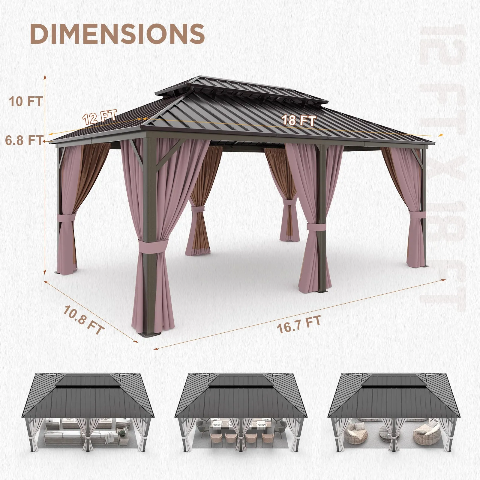 12x18 Hardtop Gazebo, Galvanized Steel Double Roof with Aluminum Frame