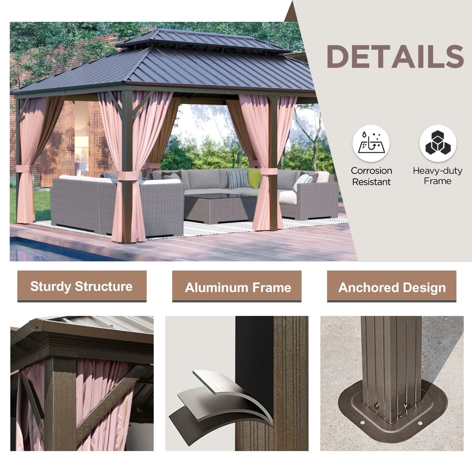 12x18 Hardtop Gazebo, Galvanized Steel Double Roof with Aluminum Frame