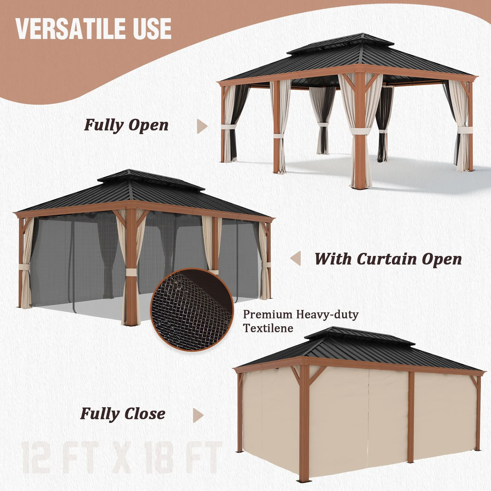 12x18 Hardtop Gazebo with Wood Grain Aluminum Frame