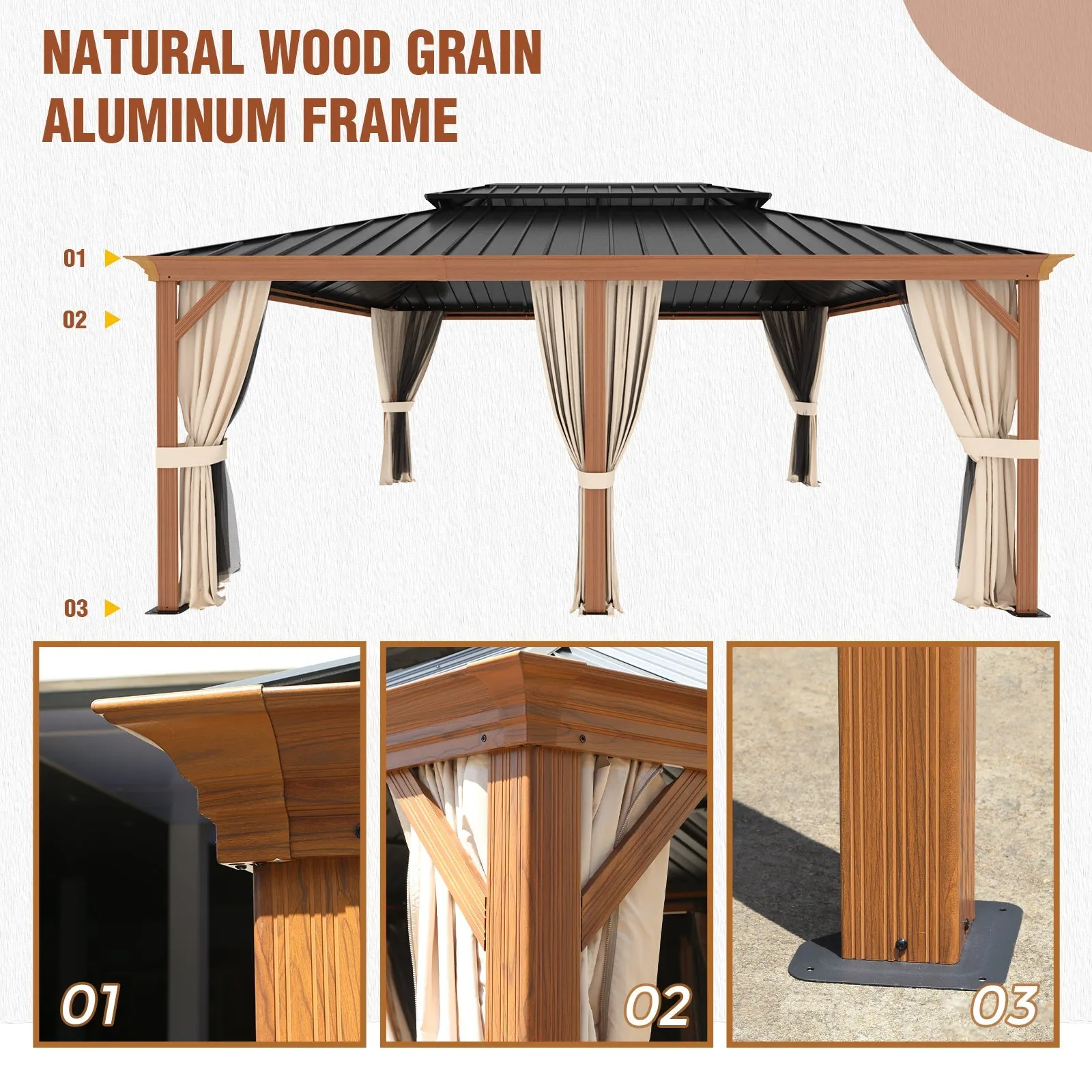 12x18 Hardtop Gazebo with Wood Grain Aluminum Frame
