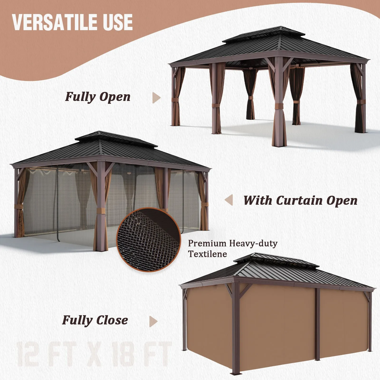 12x18 Hardtop Gazebo with Wood Grain Aluminum Frame