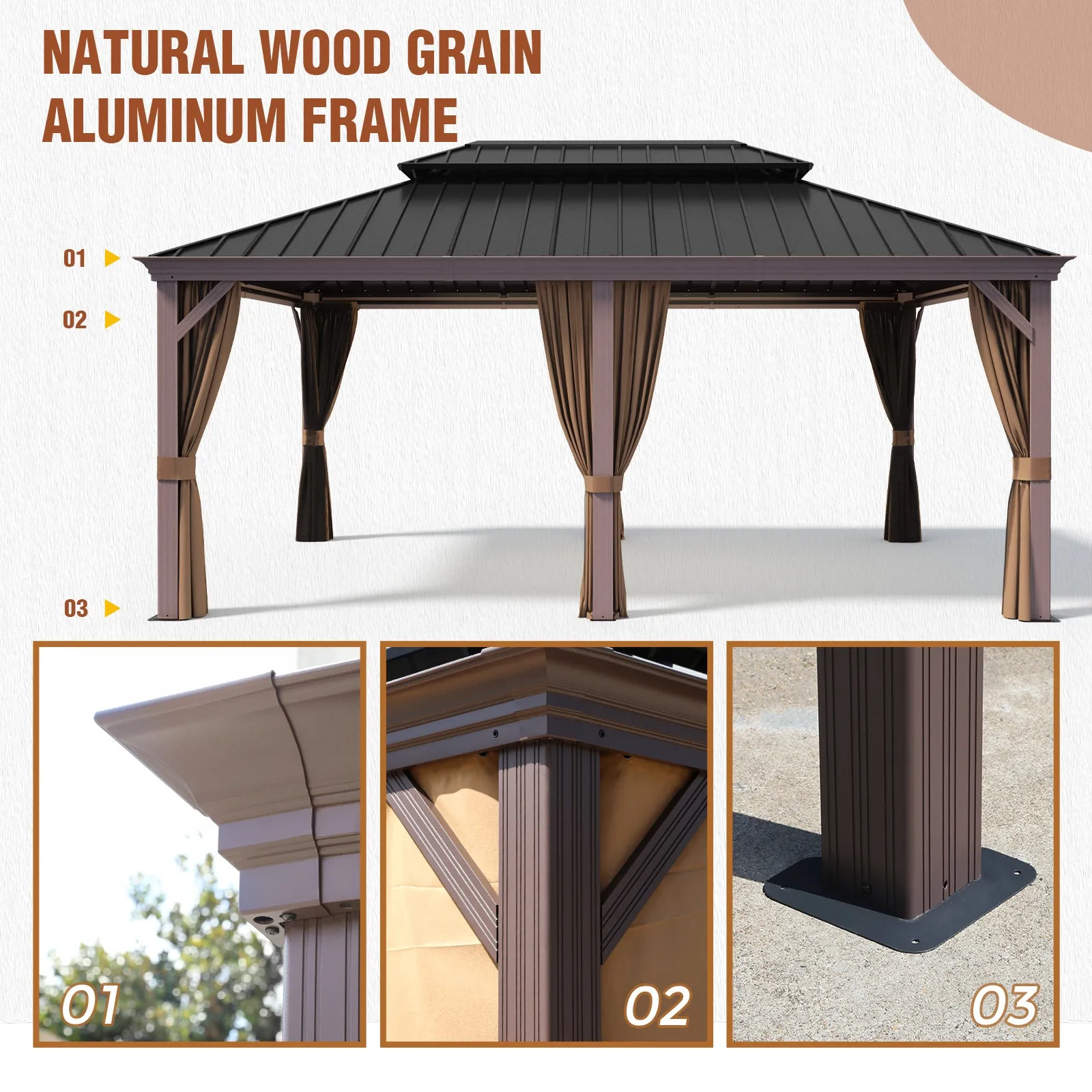 12x18 Hardtop Gazebo with Wood Grain Aluminum Frame