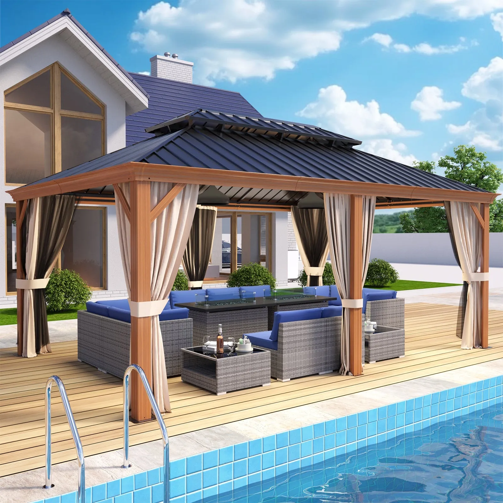 12x18 Hardtop Gazebo with Wood Grain Aluminum Frame