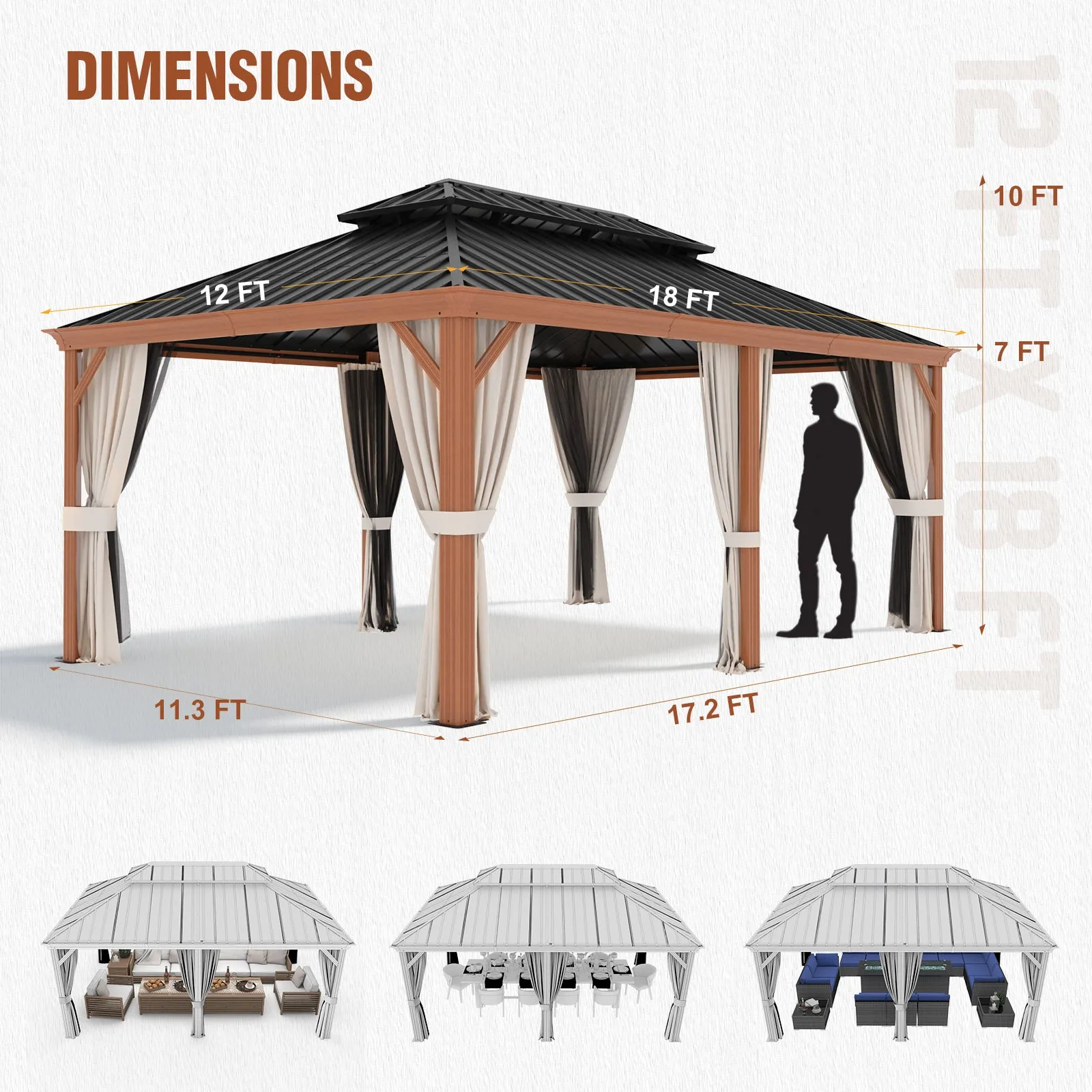 12x18 Hardtop Gazebo with Wood Grain Aluminum Frame