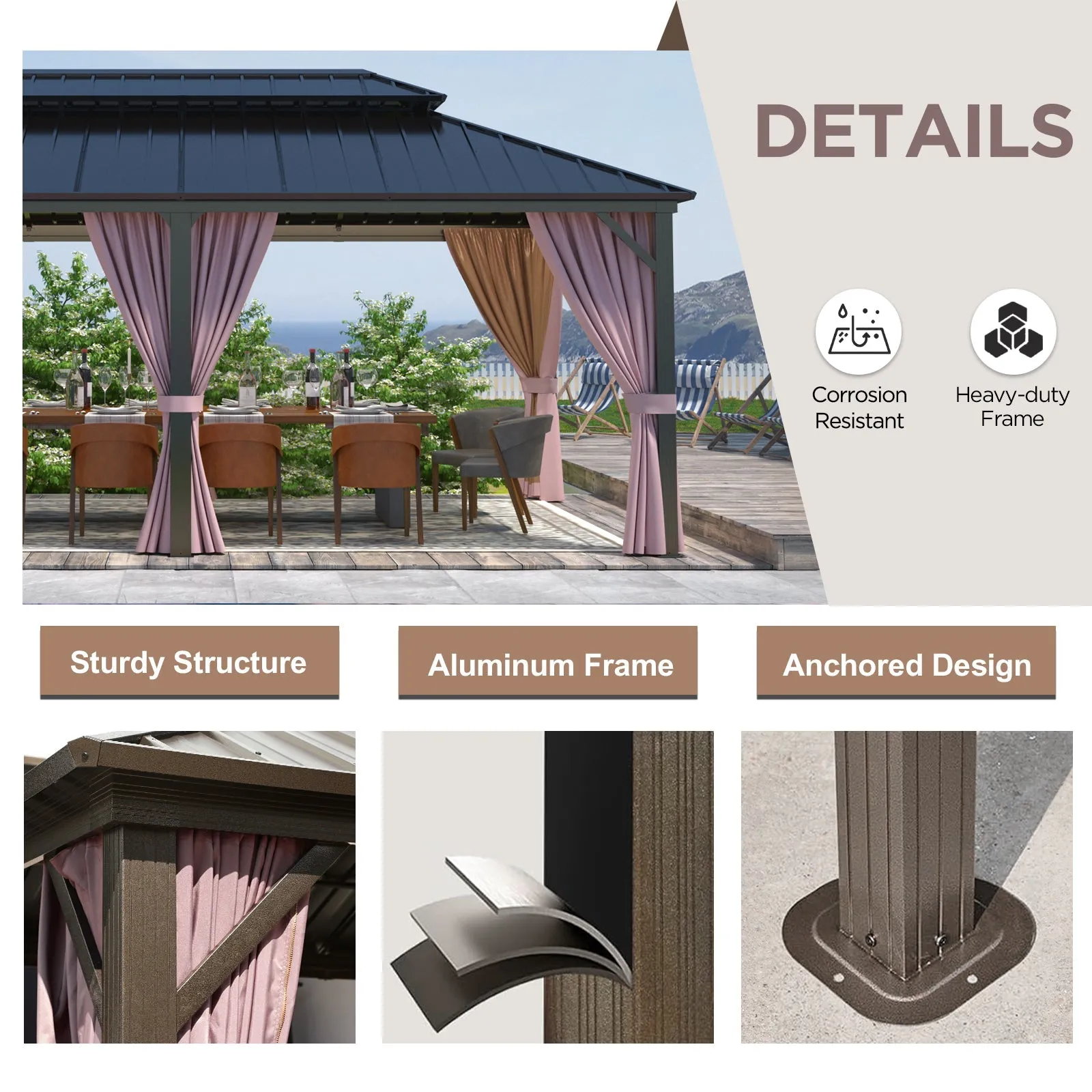 12x20 Hardtop Gazebo, Galvanized Steel Double Roof with Aluminum Frame