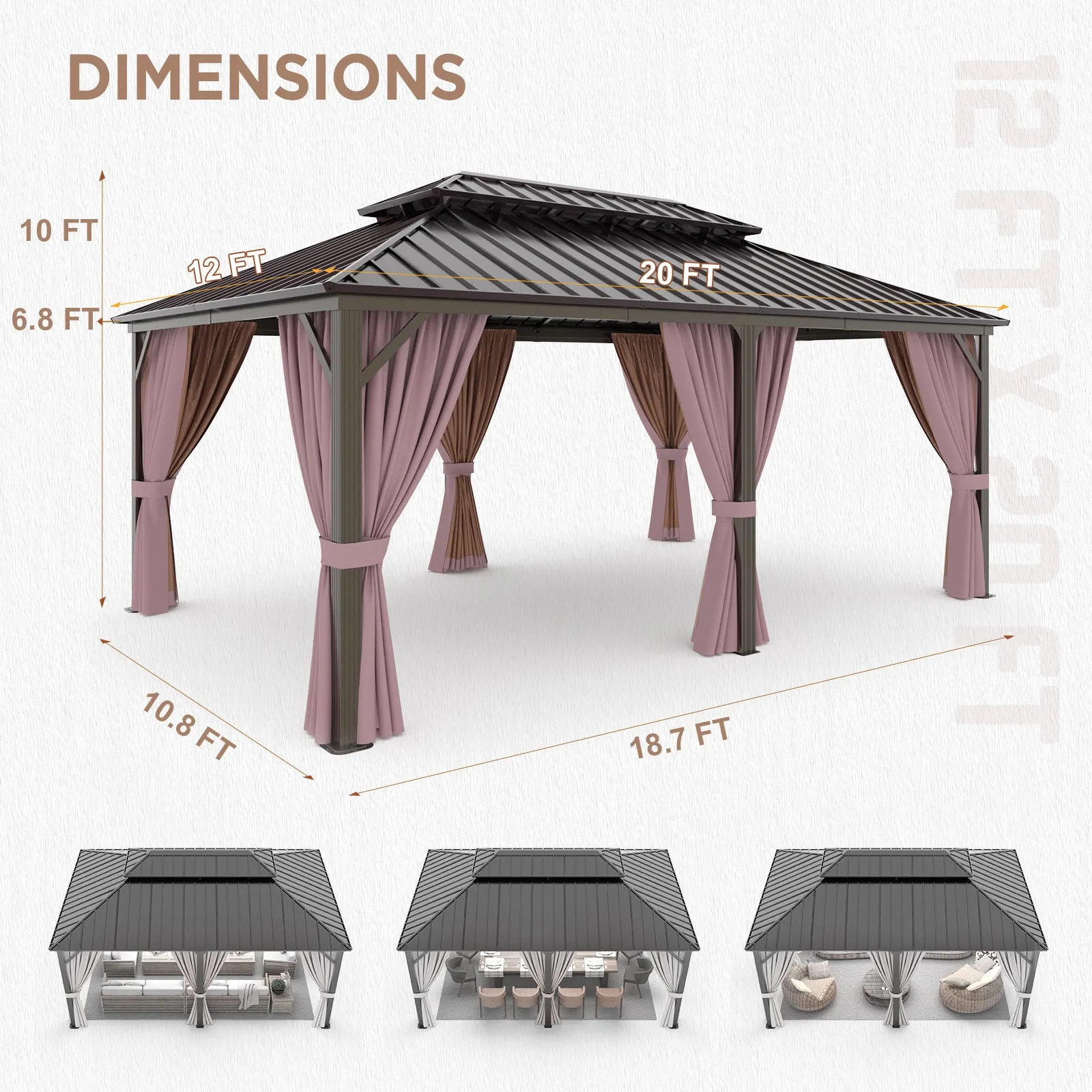 12x20 Hardtop Gazebo, Galvanized Steel Double Roof with Aluminum Frame