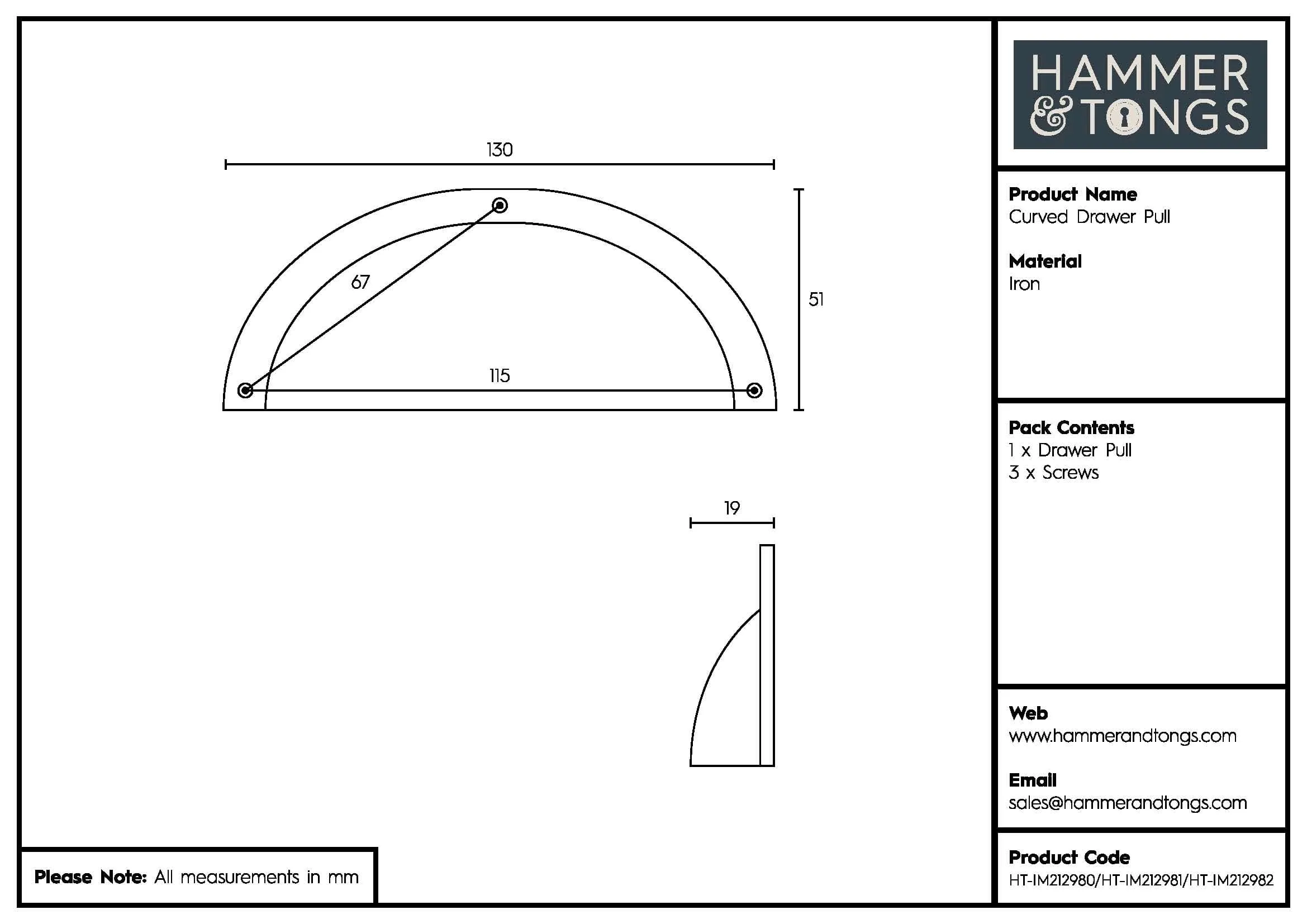 130mm x 50mm Curved Cabinet Cup Handle - By Hammer & Tongs