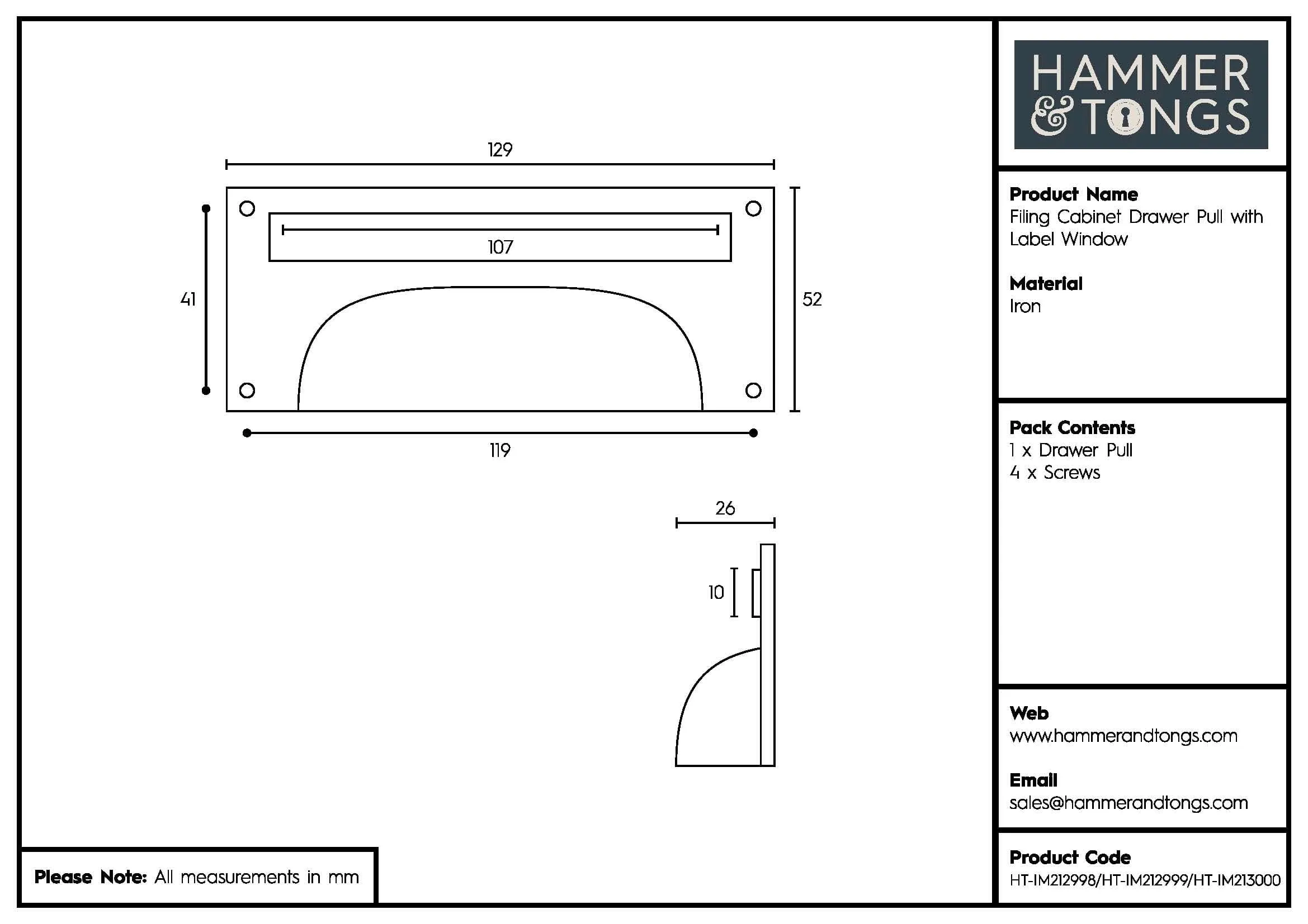 130mm x 50mm Filing Cabinet Cup Handle with Card Frame - By Hammer & Tongs
