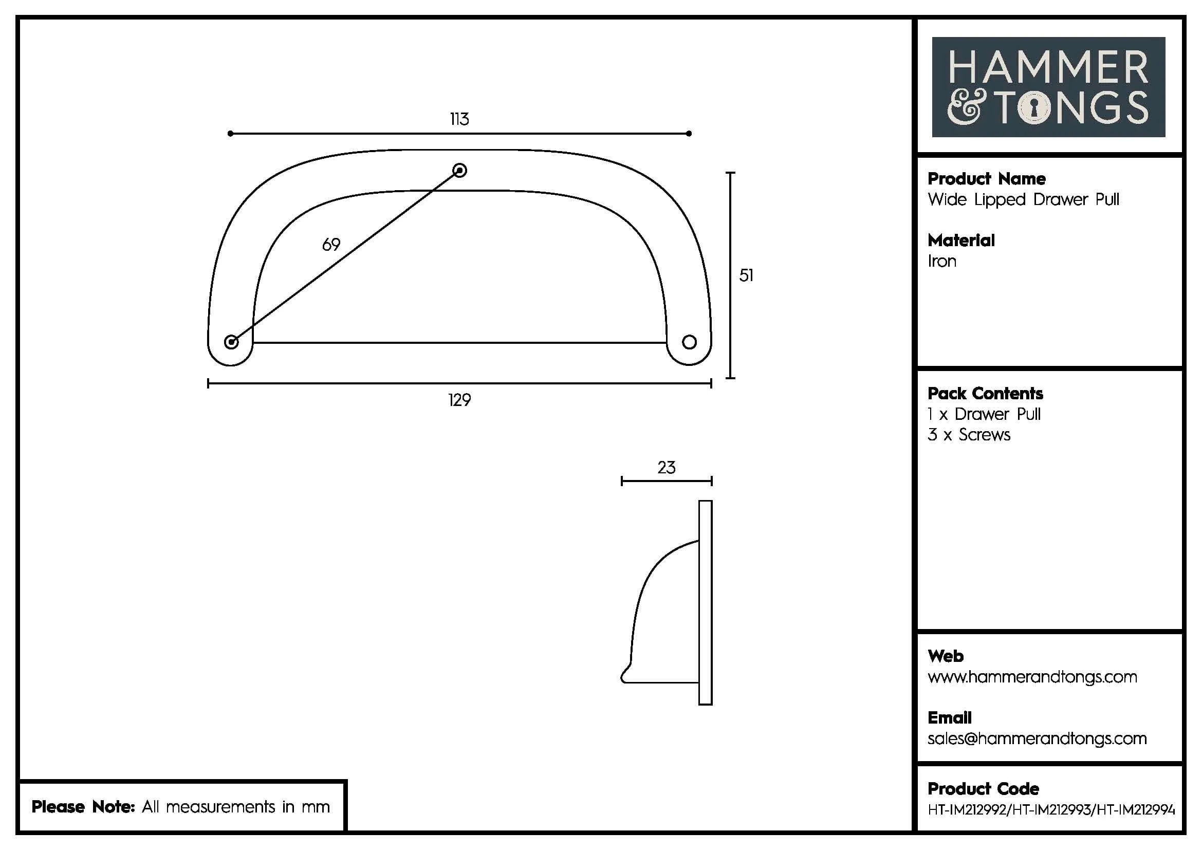 130mm x 50mm Wide Lipped Cabinet Cup Handle - By Hammer & Tongs
