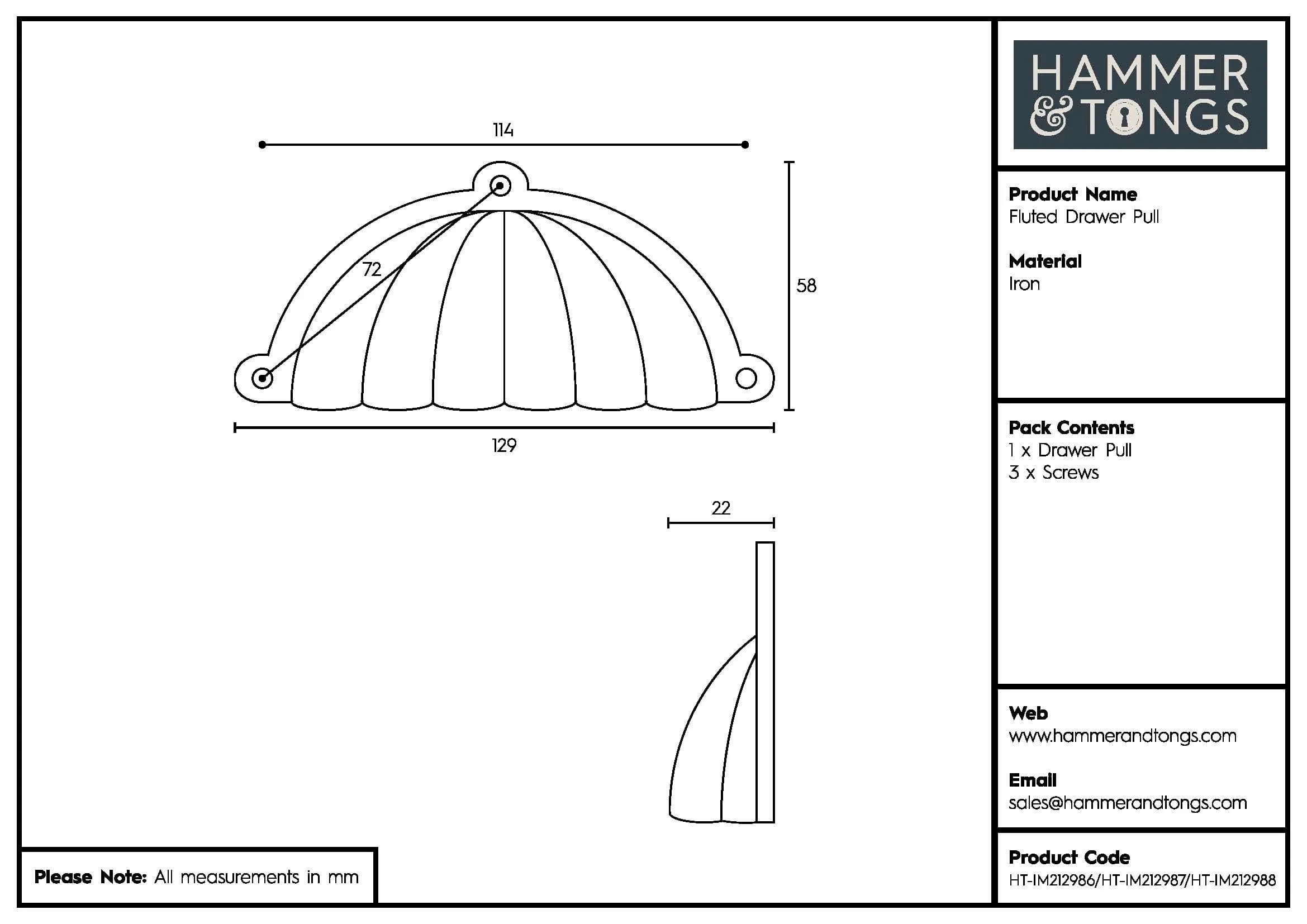 130mm x 60mm Fluted Cabinet Cup Handle - By Hammer & Tongs