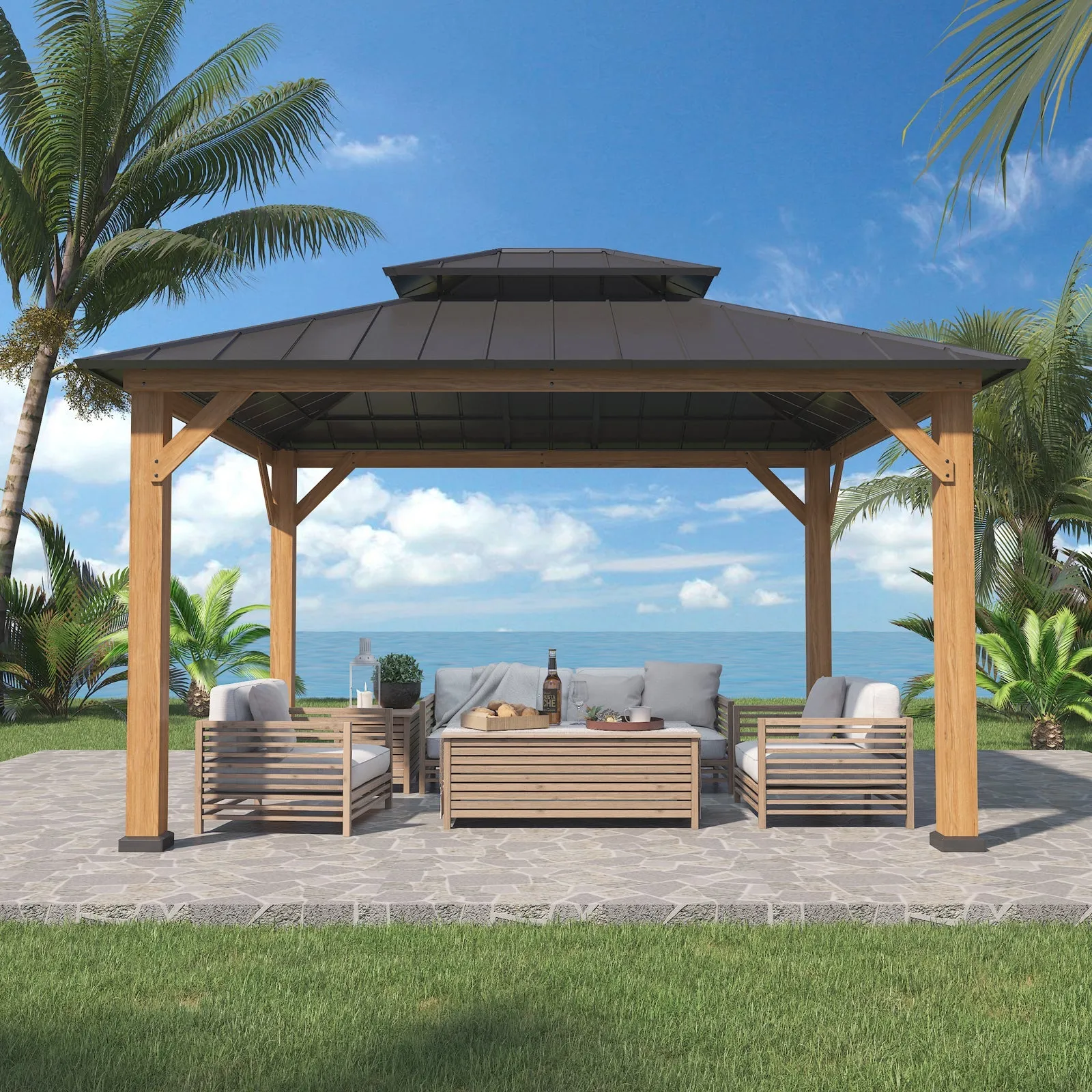 13x11 Hardtop Gazebo, Glavanized Steel Double Roof