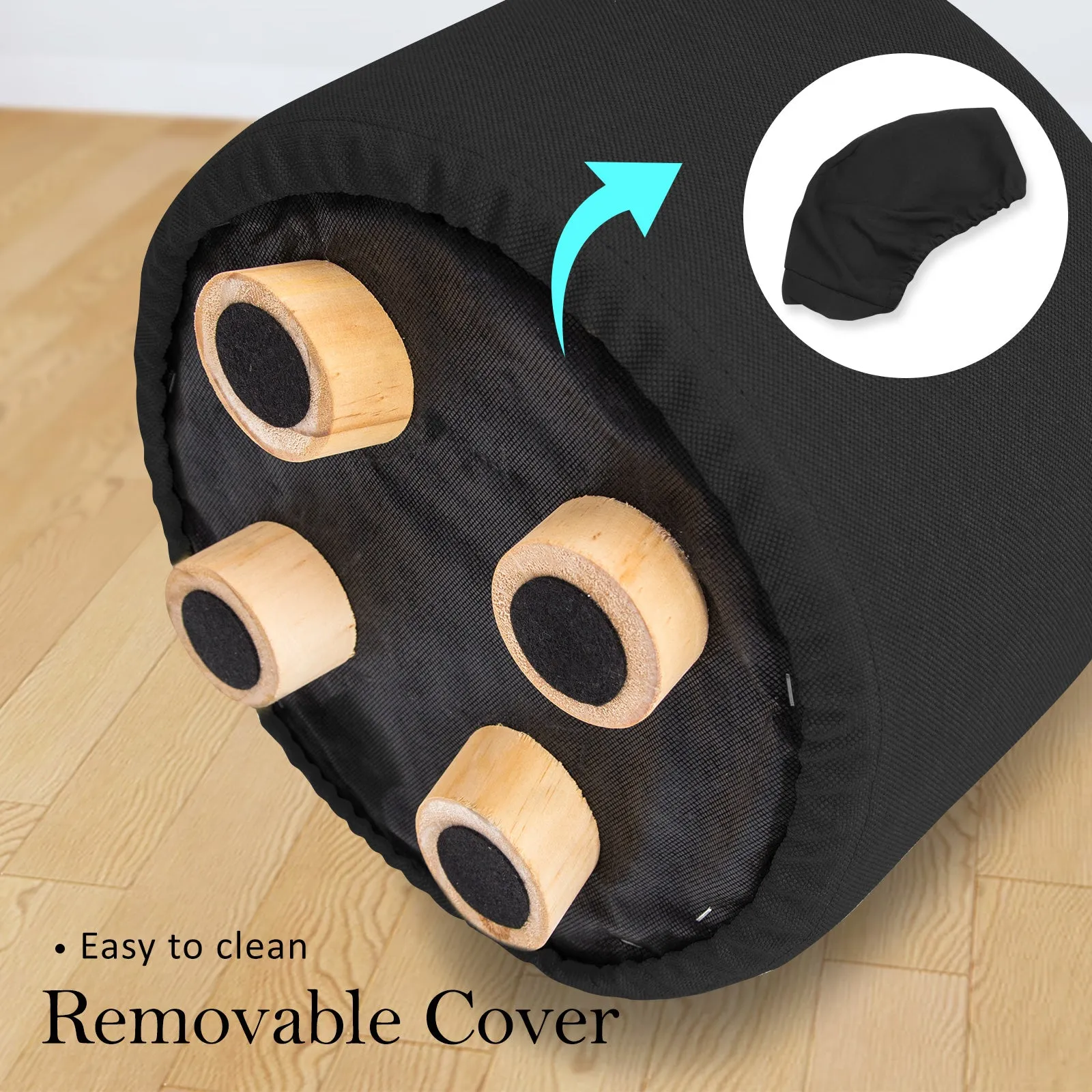 2X Fabric Ottoman Round Wooden Leg Foot Stool | BLACK