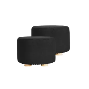 2X Fabric Ottoman Round Wooden Leg Foot Stool | BLACK