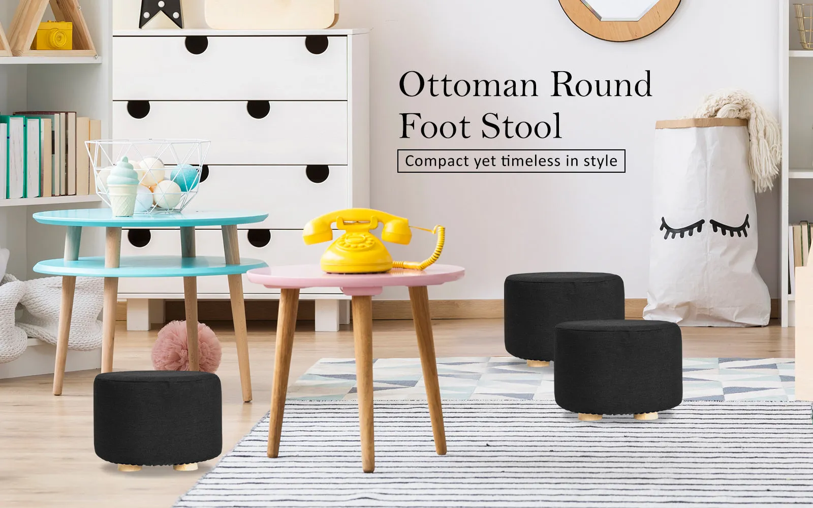 2X Fabric Ottoman Round Wooden Leg Foot Stool | BLACK