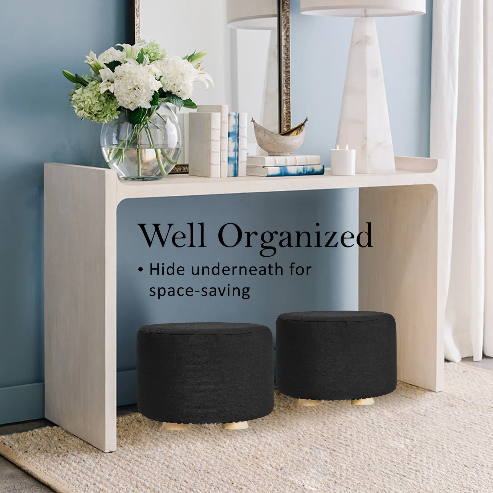 2X Fabric Ottoman Round Wooden Leg Foot Stool | BLACK