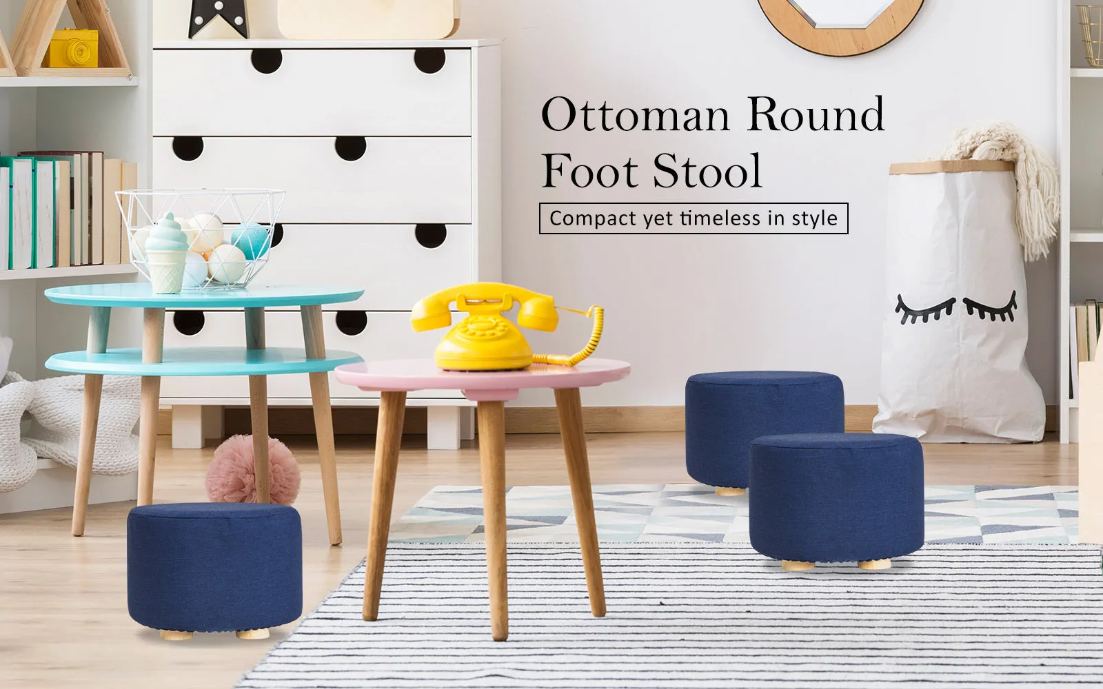 2X Fabric Ottoman Round Wooden Leg Foot Stool | DARK BLUE