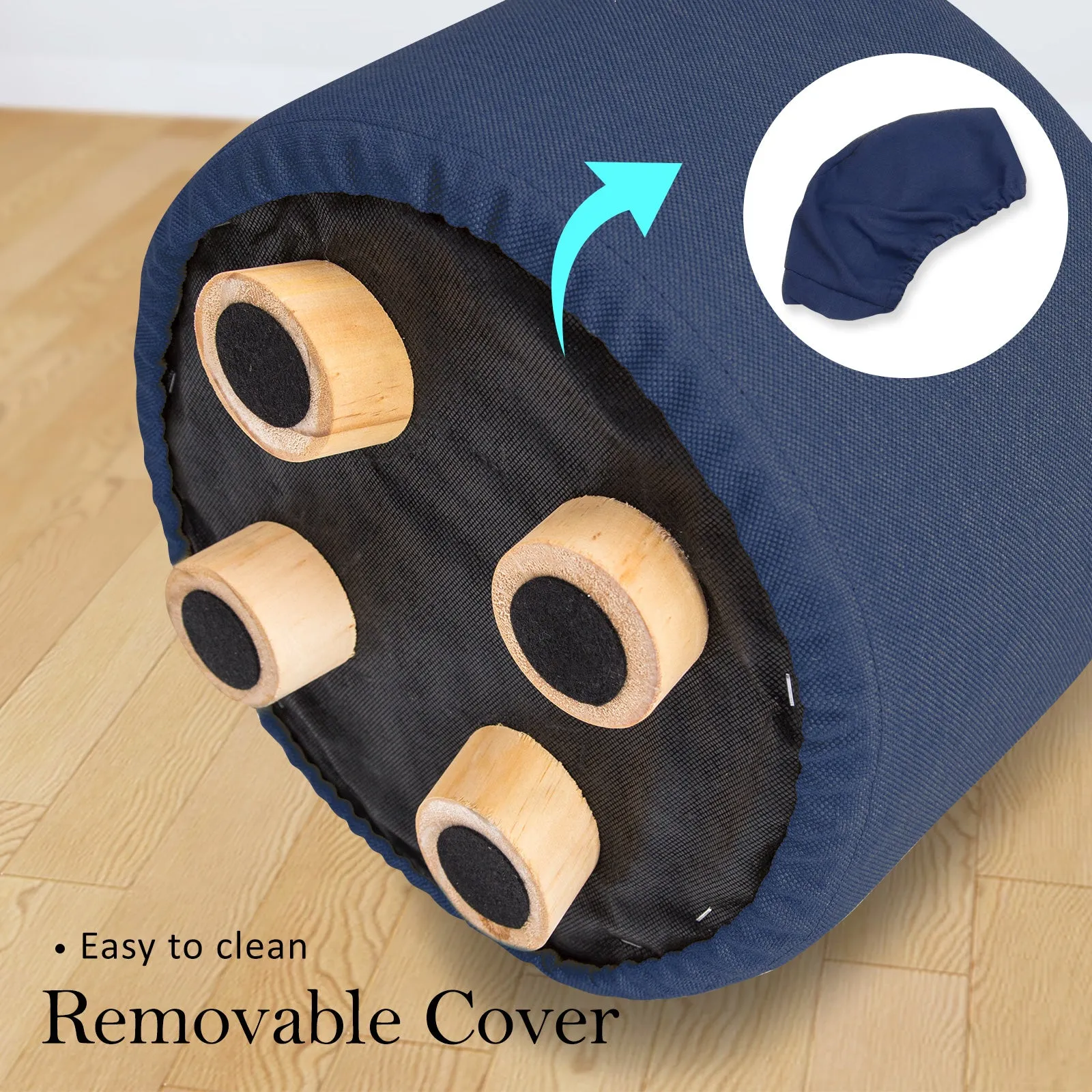 2X Fabric Ottoman Round Wooden Leg Foot Stool | DARK BLUE