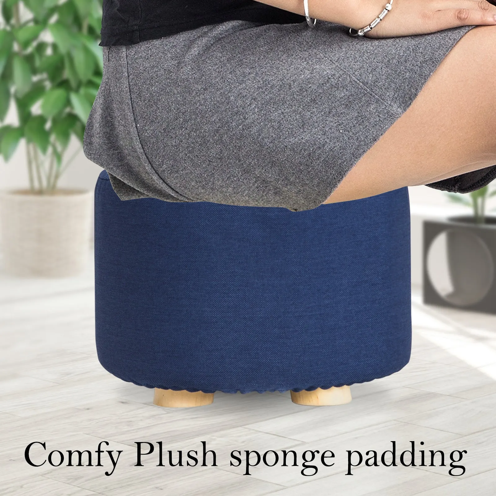 2X Fabric Ottoman Round Wooden Leg Foot Stool | DARK BLUE