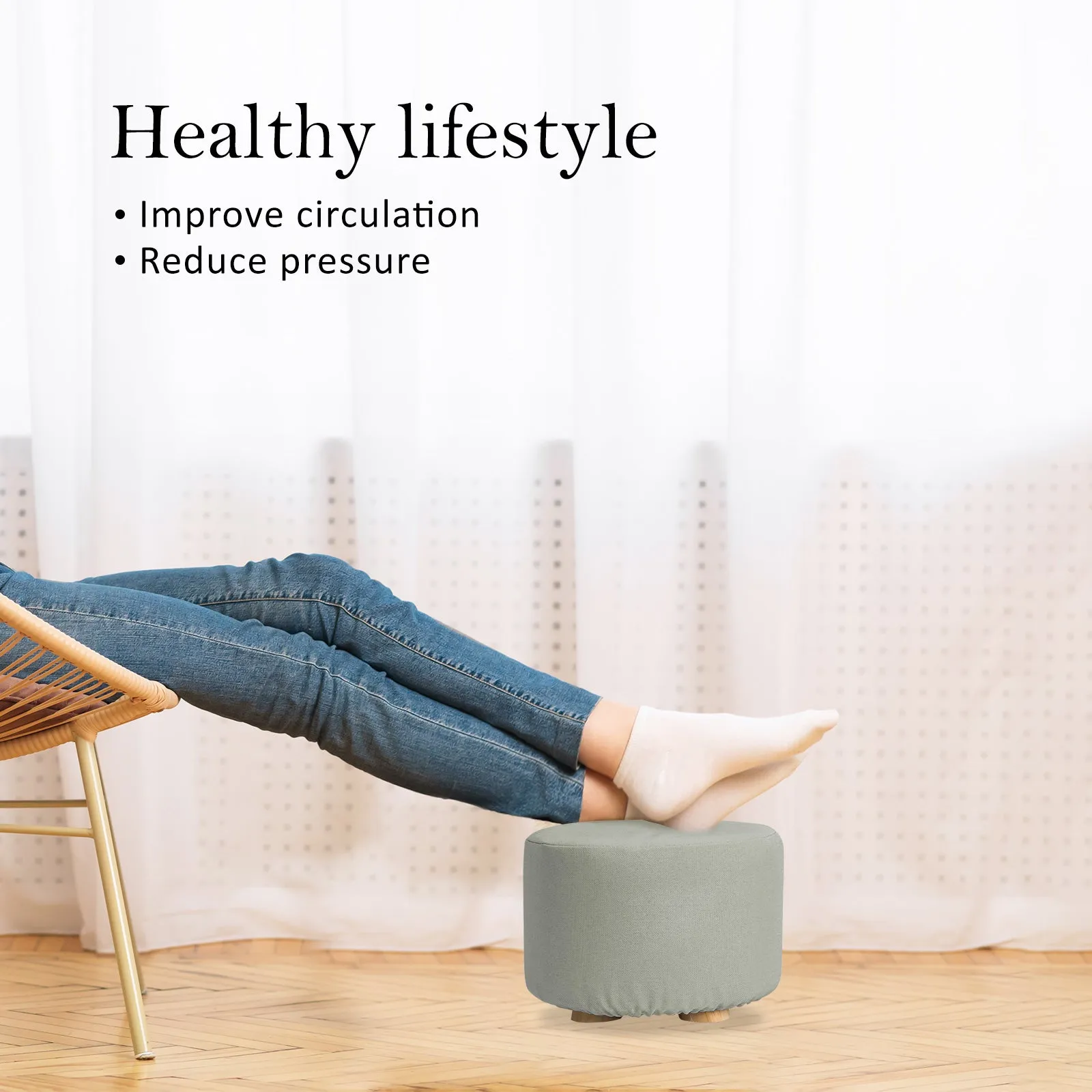 2X Fabric Ottoman Round Wooden Leg Foot Stool | GREY
