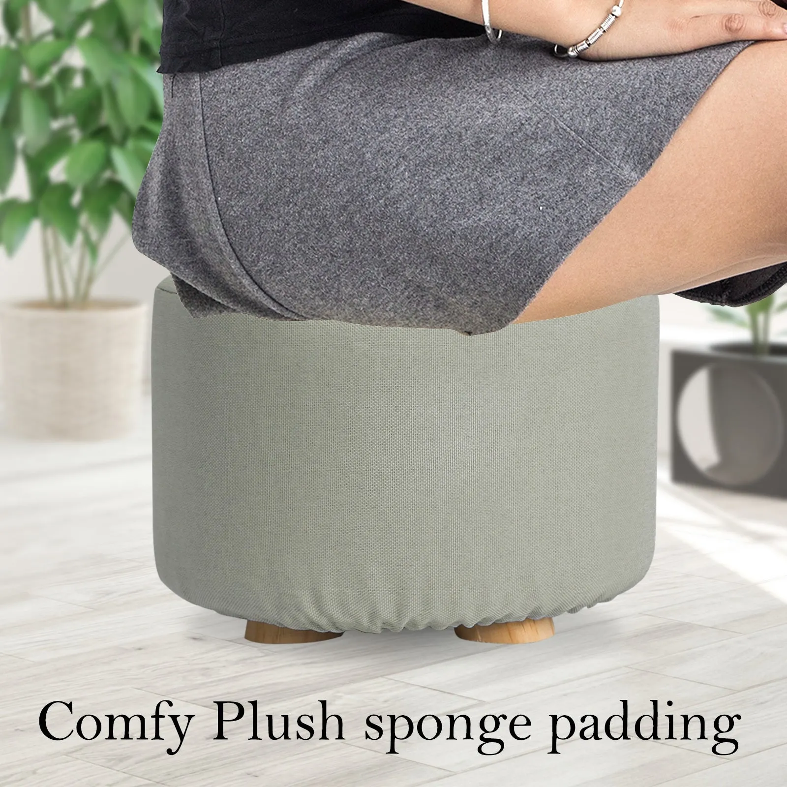 2X Fabric Ottoman Round Wooden Leg Foot Stool | GREY