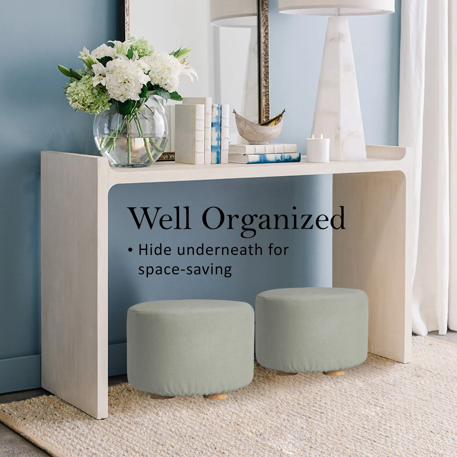 2X Fabric Ottoman Round Wooden Leg Foot Stool | GREY
