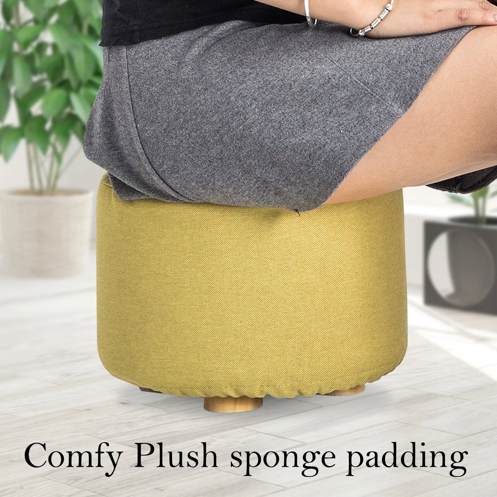 2X Fabric Ottoman Round Wooden Leg Foot Stool | Mustard Yellow