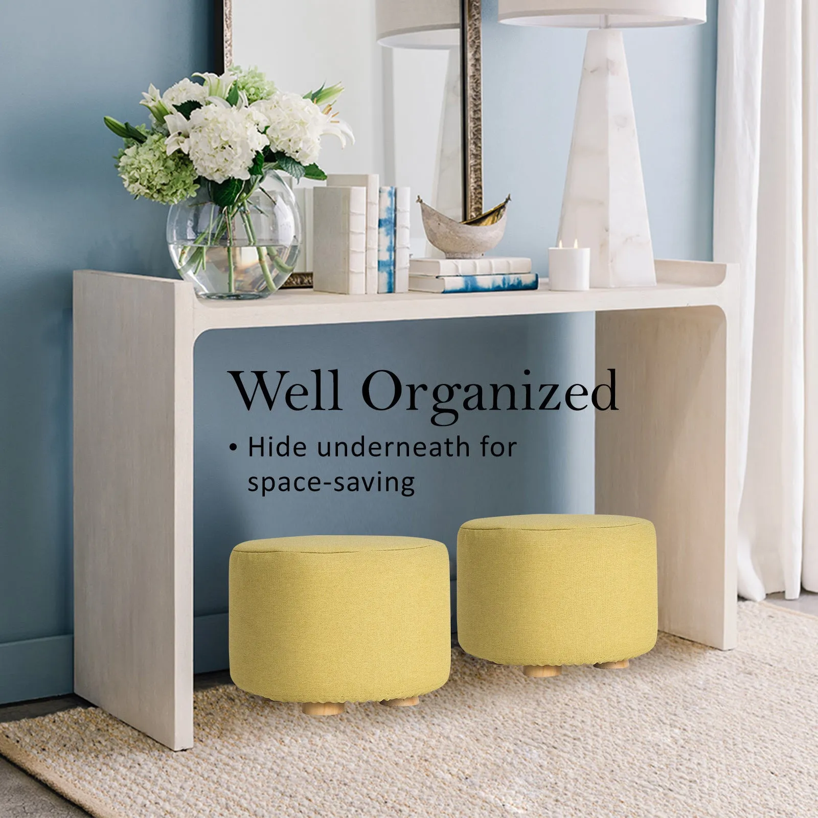 2X Fabric Ottoman Round Wooden Leg Foot Stool | Mustard Yellow