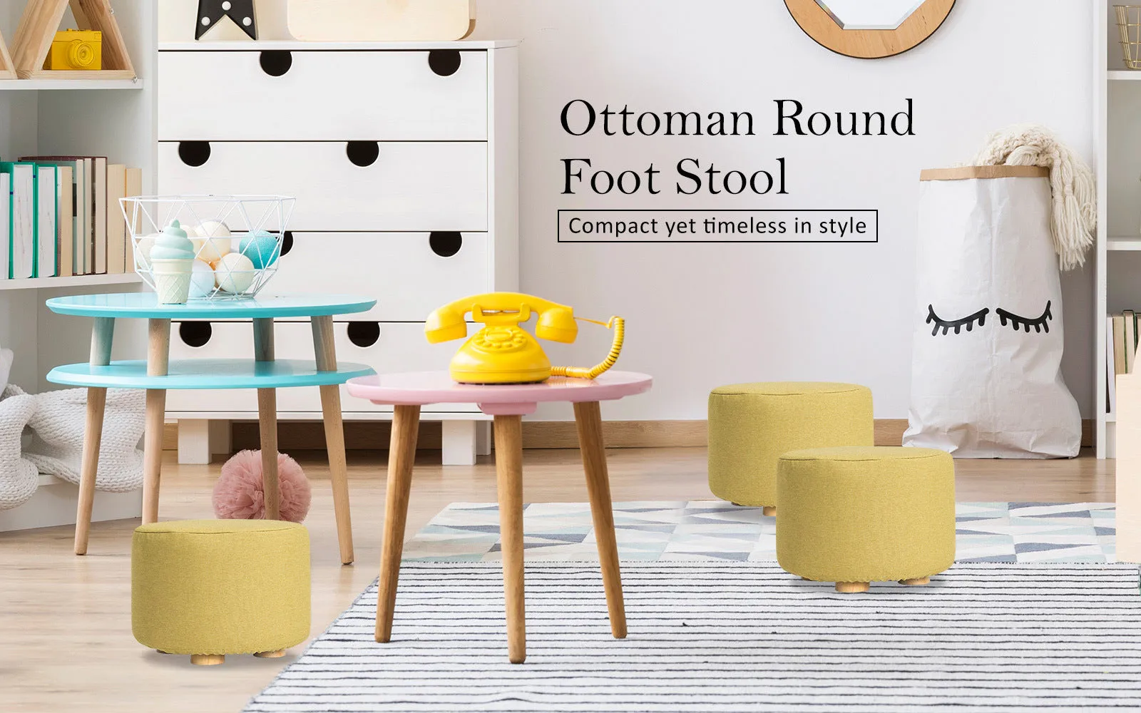2X Fabric Ottoman Round Wooden Leg Foot Stool | Mustard Yellow
