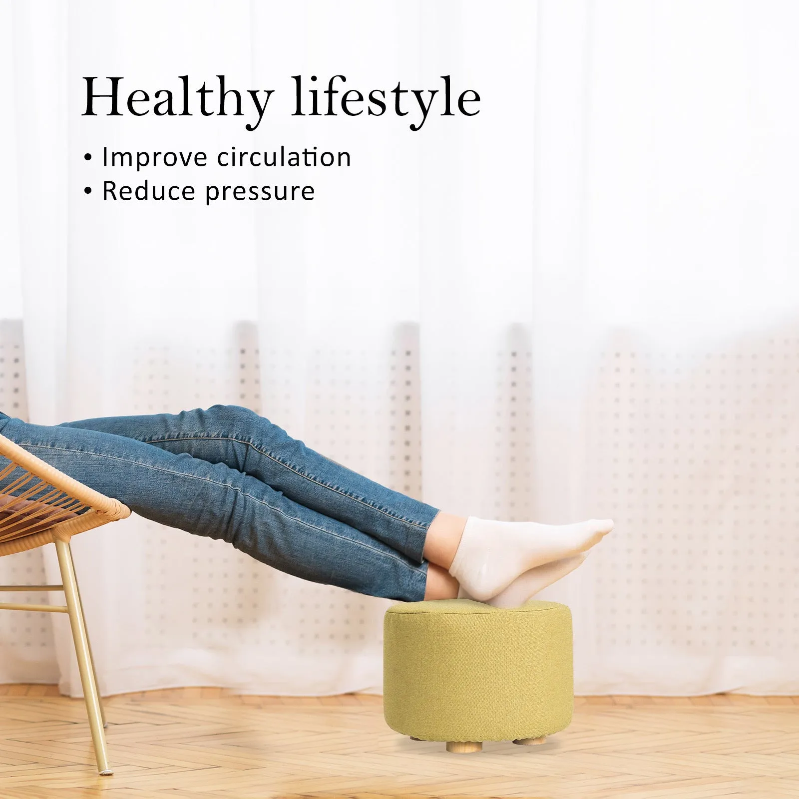 2X Fabric Ottoman Round Wooden Leg Foot Stool | Mustard Yellow