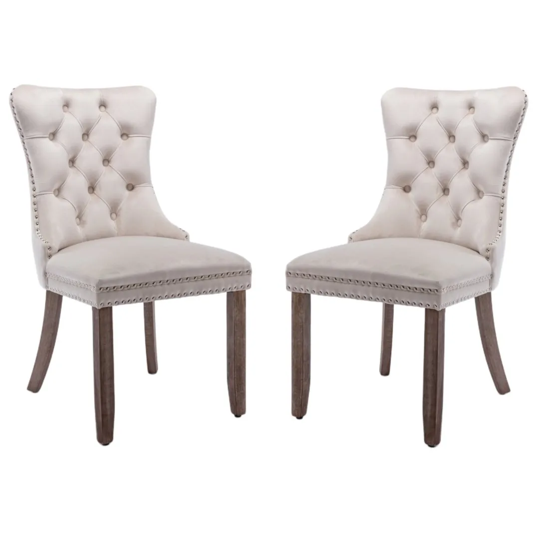 2x Velvet Dining Chairs Upholstered Tufted Kithcen Chair with Solid Wood Legs Stud Trim and Ring-Beige