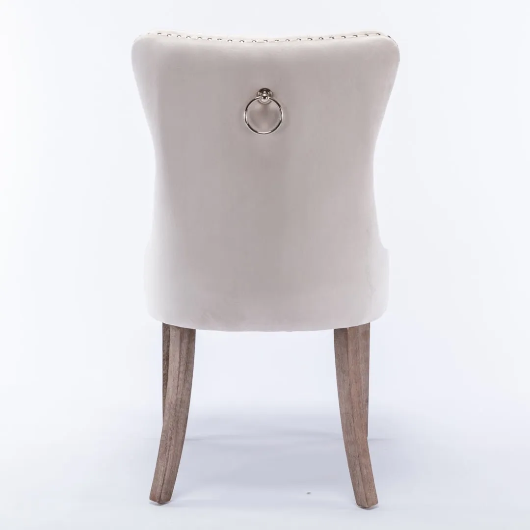 2x Velvet Dining Chairs Upholstered Tufted Kithcen Chair with Solid Wood Legs Stud Trim and Ring-Beige