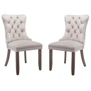 2x Velvet Dining Chairs Upholstered Tufted Kithcen Chair with Solid Wood Legs Stud Trim and Ring-Beige