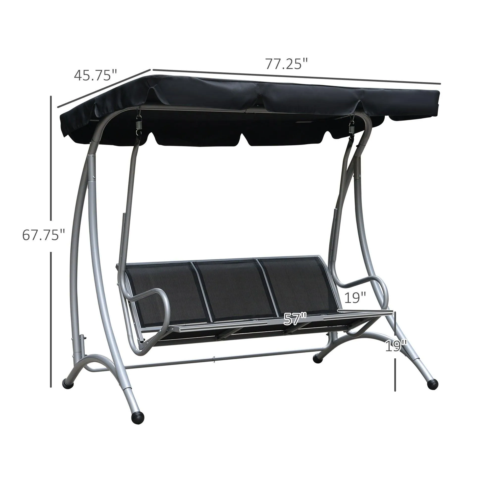 3-Seat Patio Swing Chair, Adjustable Canopy, Steel Frame, Black