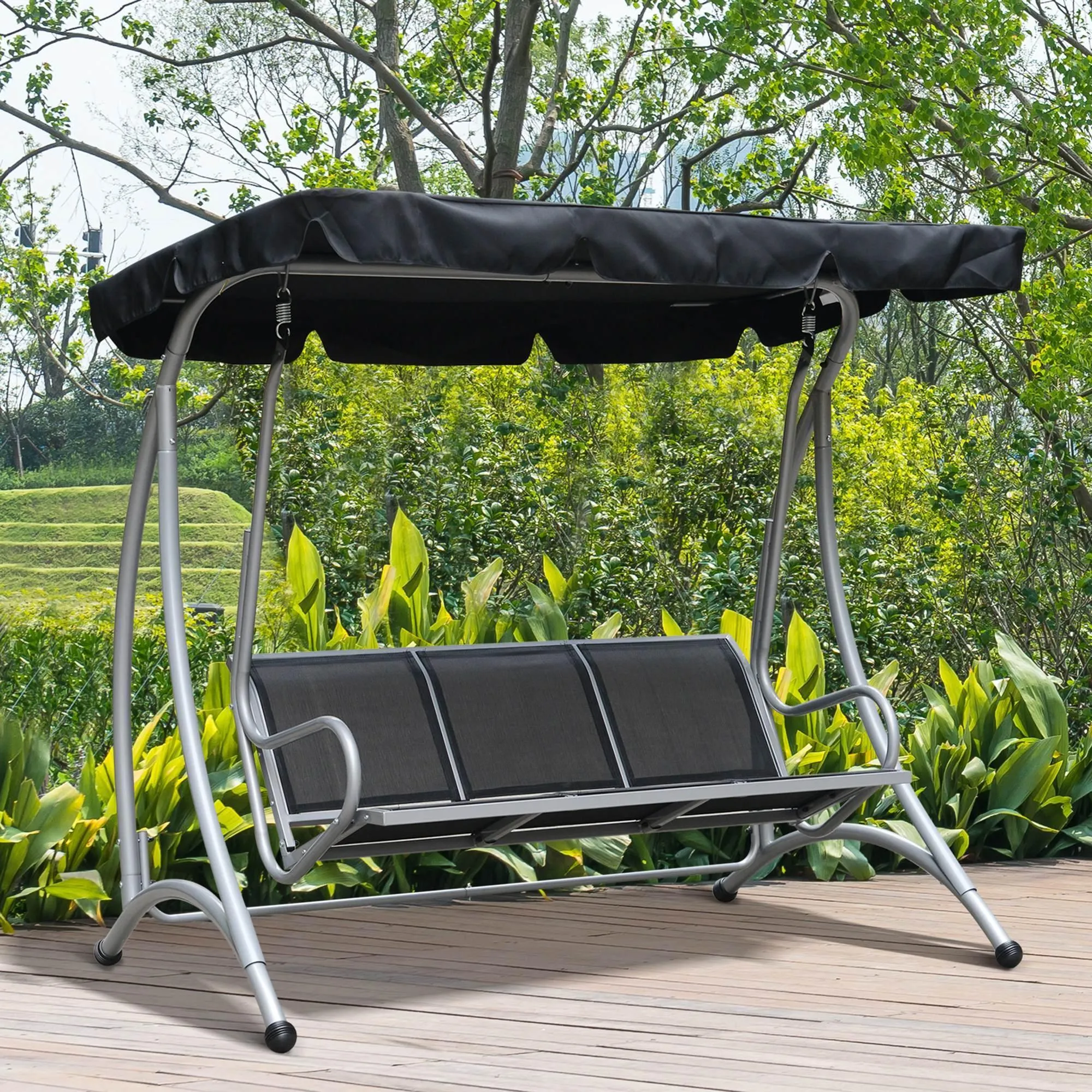 3-Seat Patio Swing Chair, Adjustable Canopy, Steel Frame, Black