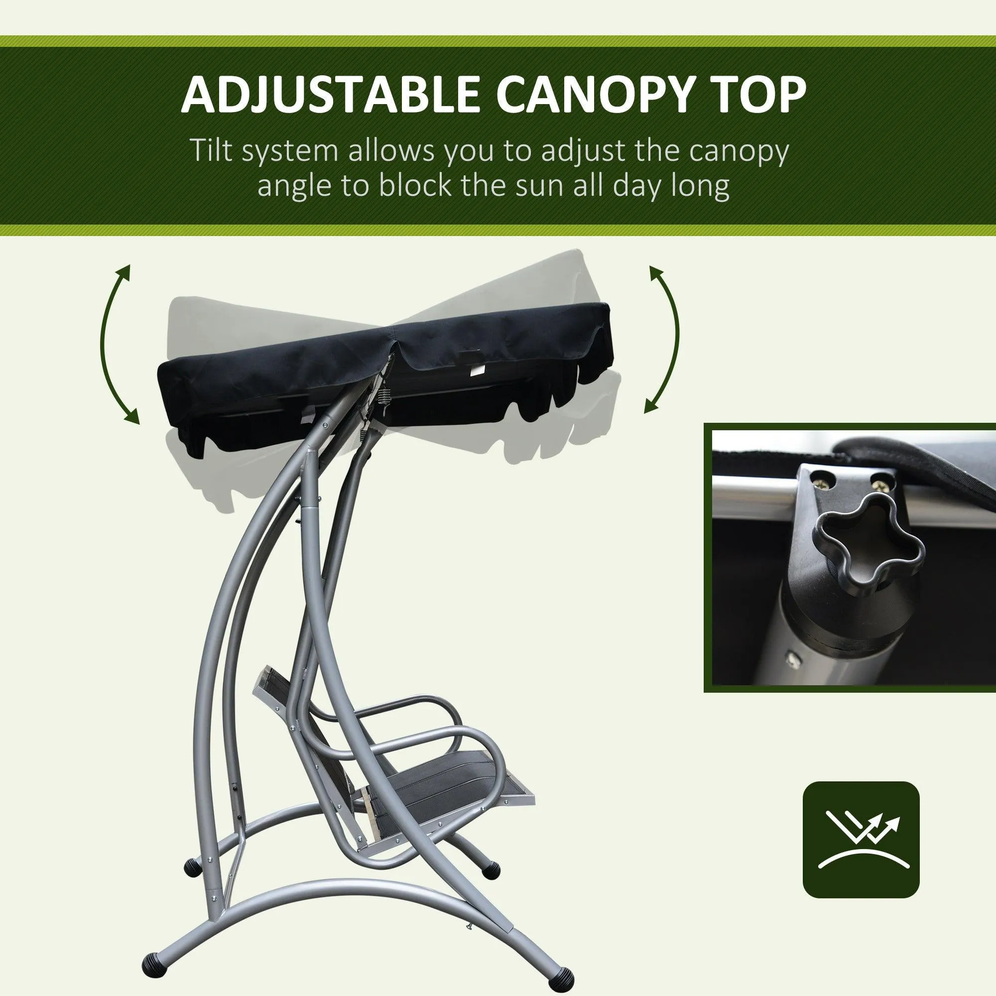 3-Seat Patio Swing Chair, Adjustable Canopy, Steel Frame, Black