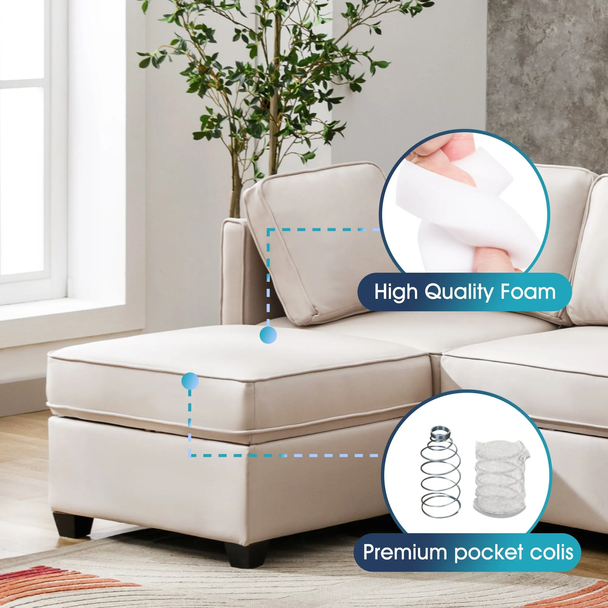 6-Seater Modular Sectional Sofa Reversible Sofa with Storage and Adjustable Backrest, Beige